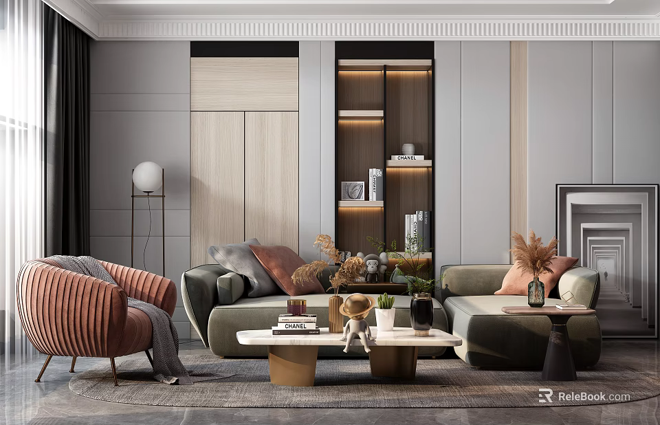 Stylish Modern Sofa and Coffee Table Set With Soft Cushions Wooden Frames and Decorative Plants 3d model 