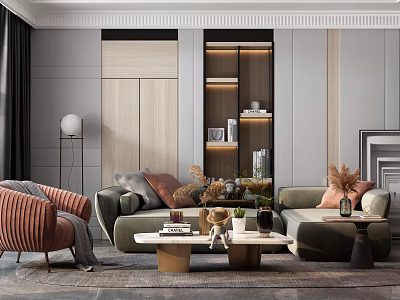 Stylish Modern Sofa and Coffee Table Set With Soft Cushions Wooden Frames and Decorative Plants 3d model