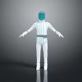 3D Astronaut Character In White Spacesuit With Blue Helmet Standing On Gray Background