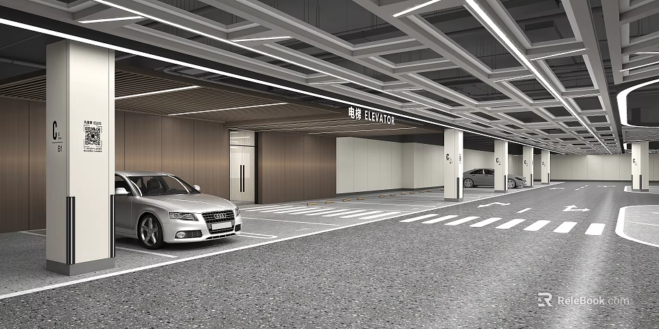 Modern Parking Garage Interior With Parked Cars Elevator Entrance And Ceiling Light Strips 3d model 