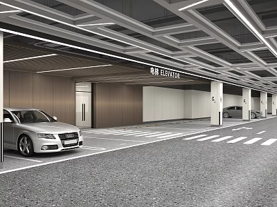 Modern Parking Garage Interior With Parked Cars Elevator Entrance And Ceiling Light Strips 3d model