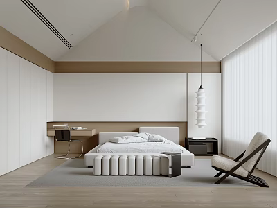 Modern Bedroom Interior Design With Upholstered Bed Wooden Chair And Pendant Lamp 3d model