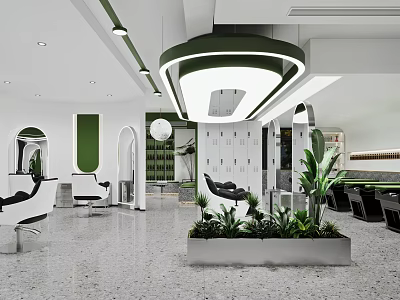 Modern Beauty Salon Interior With Styling Chairs Mirrors And Green Plants Lighting 3d model
