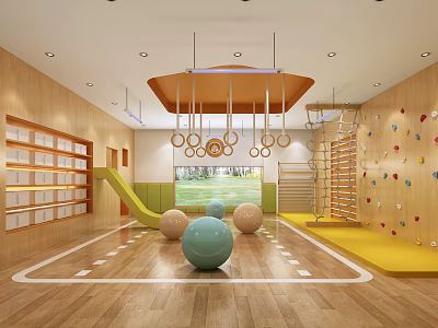 Kindergarten Indoor Activity Space With Climbing Wall Hanging Rings Colorful Balls And Slide 3d model