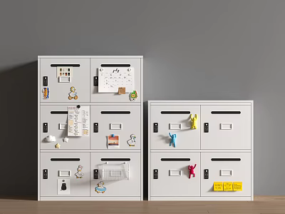 White Filing Cabinets with Multiple Drawers Sticky Notes Stickers and Office Supplies 3d model