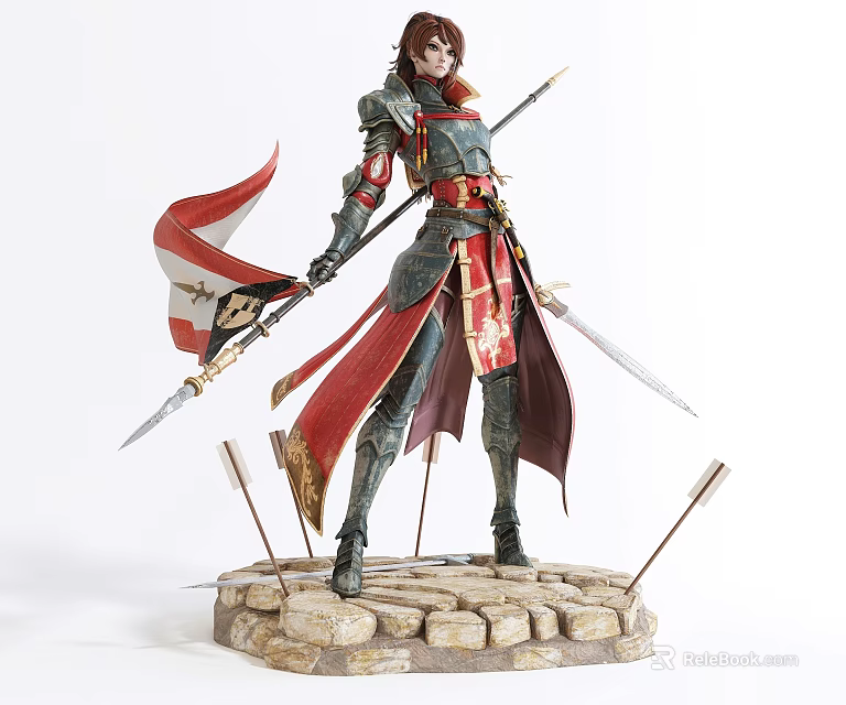Game Movie Character Armored Warrior With Red Cape Spear Sword Stone Base And Flag 3d model 