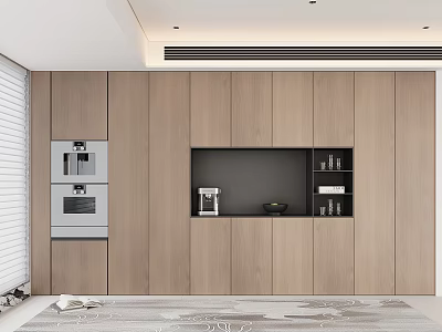 Modern Sideboard Cabinet Design With Light Wood Finish Built In Appliances And Open Shelves 3d model