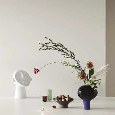 Decorative Ornament Set With White Head Sculpture Black Vase Flowers And Small Decor Pieces 3d model