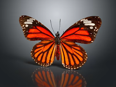 Orange and Black Butterfly with White Spots on Wings and Reflection on Gray Background 3d model