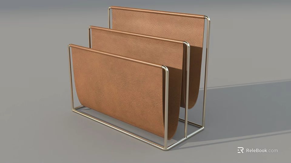 Modern Three Tier File Holder With Brown Leather Panels And Metal Frame 3d model 