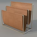 Modern Three Tier File Holder With Brown Leather Panels And Metal Frame