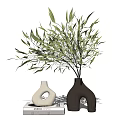 Decorative Unique White And Brown Curved Vases With Green Leafy Branches