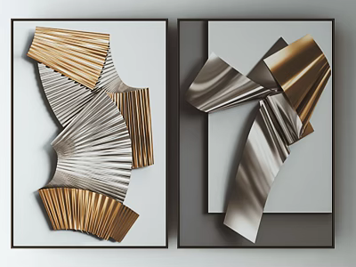 Modern Abstract Metallic Wall Decor With Folded Gold Silver Design And Black Frames 3d model