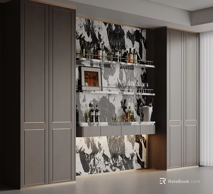 Modern Wine Cabinet With Dark Cabinets And Marble Pattern Wall Holding Wine Bottles And Glassware 3d model 