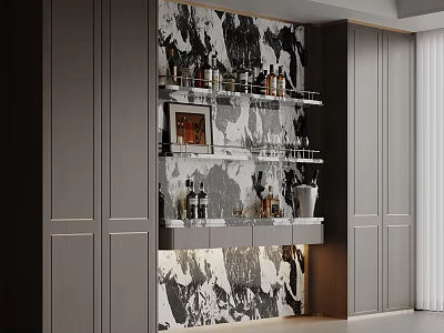 Modern Wine Cabinet With Dark Cabinets And Marble Pattern Wall Holding Wine Bottles And Glassware 3d model