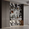 Modern Wine Cabinet With Dark Cabinets And Marble Pattern Wall Holding Wine Bottles And Glassware