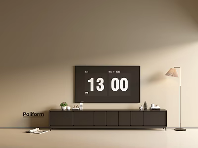 Modern Black TV Stand With Digital Time Display TV Floor Lamp Small Plant And Decor 3d model