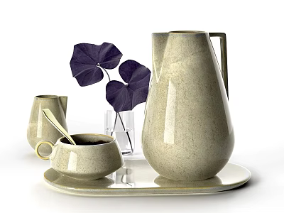 Beige Ceramic Tableware Set With Tray Large Jug Small Jug Cup And Purple Leaves 3d model