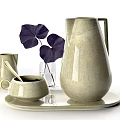Beige Ceramic Tableware Set With Tray Large Jug Small Jug Cup And Purple Leaves