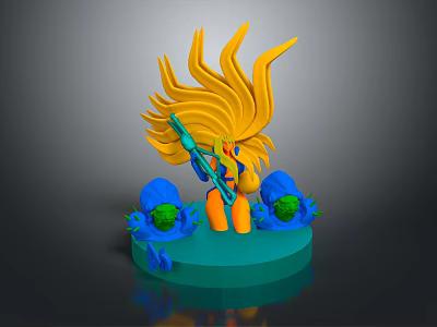Colorful 3D Character Model With Yellow Hair Green Weapon And Blue Creatures On Green Base 3d model