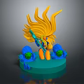 Colorful 3D Character Model With Yellow Hair Green Weapon And Blue Creatures On Green Base