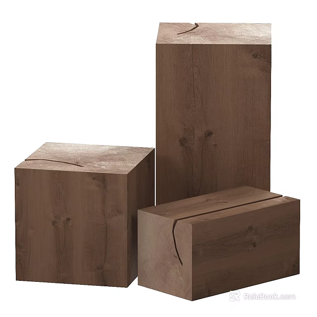 Three Modern Brown Wooden Square Stools with Natural Wood Grain Texture Design 3d model 