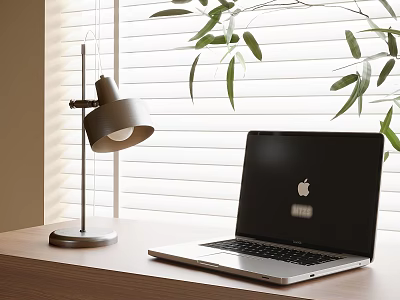 Modern Table Lamp on Desk with Laptop Green Plants And Window Blinds 3d model