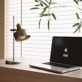 Modern Table Lamp on Desk with Laptop Green Plants And Window Blinds