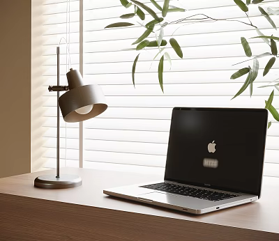 Modern Table Lamp on Desk with Laptop Green Plants And Window Blinds 3d model