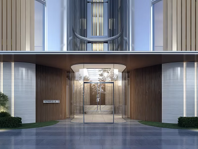 Modern Building Facade With Wooden Slats Stone Panels Glass Entrance And Lighting Design 3d model