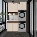 Modern Bathroom Vanity Cabinet With Light Colored Cabinets Stacked Laundry Machines Faucet And Green Plant