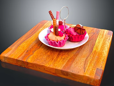 Delicious Cupcakes With Chocolate Decorations Pink Liners On White Plate And Wooden Cutting Board 3d model