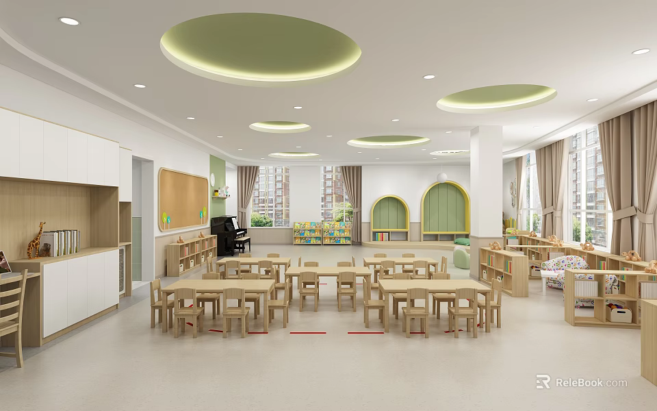 Spacious Bright Kindergarten Classroom With Wooden Furniture And Piano 3d model 