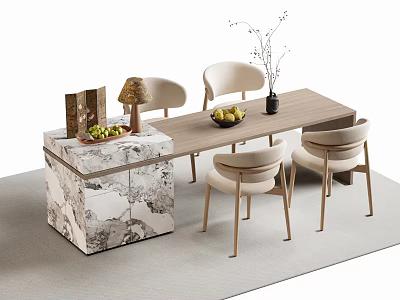 Modern Bar Counter With Marble Base And Beige Chairs Plus Fruit Bowl Decor 3d model