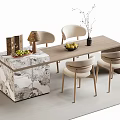 Modern Bar Counter With Marble Base And Beige Chairs Plus Fruit Bowl Decor