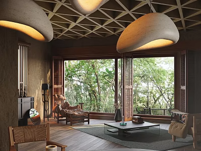 Rustic Living Dining Room Interior With Wooden Ceiling Pendant Lights And Large Windows Overlooking Trees 3d model