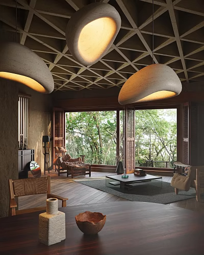 Rustic Living Dining Room Interior With Wooden Ceiling Pendant Lights And Large Windows Overlooking Trees 3d model