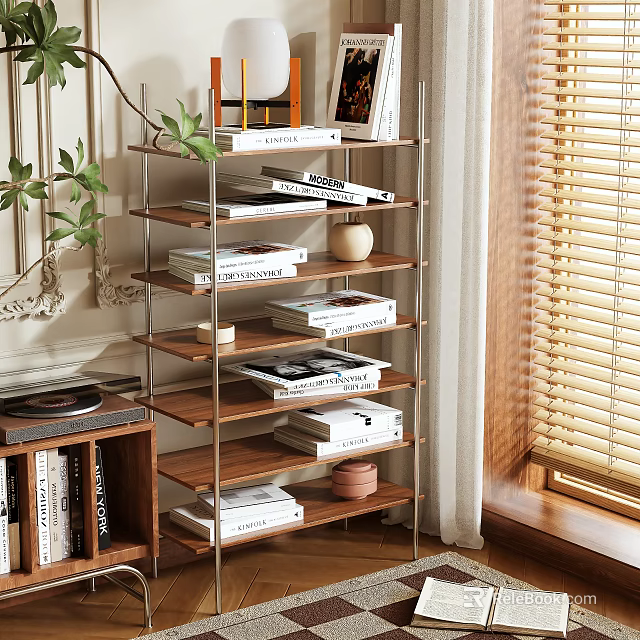 Multi layered Wooden Storage Shelf with Books Decorative Items and Potted Plant 3d model 