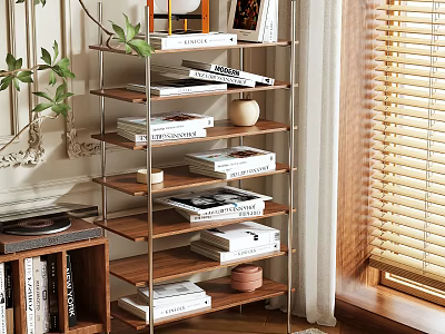 Multi layered Wooden Storage Shelf with Books Decorative Items and Potted Plant 3d model