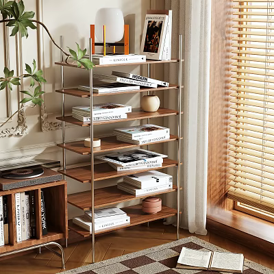 Multi layered Wooden Storage Shelf with Books Decorative Items and Potted Plant 3d model