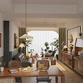 Modern Living and Dining Room Interior With Sofa Dining Table Plants Pendant Light And Decor