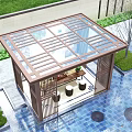 Chinese Style Pavilion in Garden with Pool Trees and Traditional Table Stools