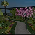 Residential Landscape Featuring Curved Pathway Colorful Flowers Green Shrubs Purple Tree And Palm Trees