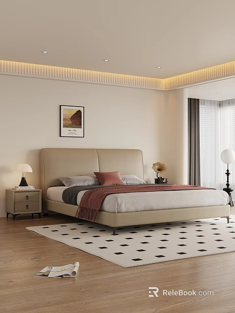 Modern Bedroom Interior With Beige Upholstered Headboard Bedding Nightstands Lamp Wall Art And Geometric Rug 3d model 