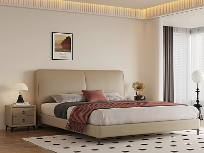 Modern Bedroom Interior With Beige Upholstered Headboard Bedding Nightstands Lamp Wall Art And Geometric Rug 3d model