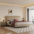 Modern Bedroom Interior With Beige Upholstered Headboard Bedding Nightstands Lamp Wall Art And Geometric Rug