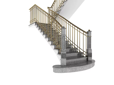 Elegant Staircase With Golden Metal Railings And Gray Stone Steps 3d model