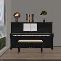 Instrument and Art Supplies Setup with Black Piano Cream Bench Sheet Music Lamp and Potted Plant