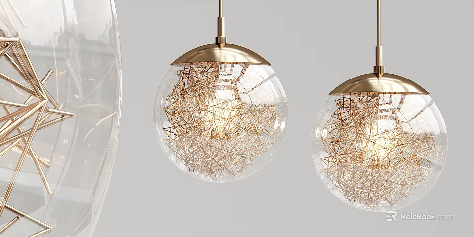 Modern Glass Globe Chandelier With Golden Metal Frame And Star Decor Lighting 3d model 
