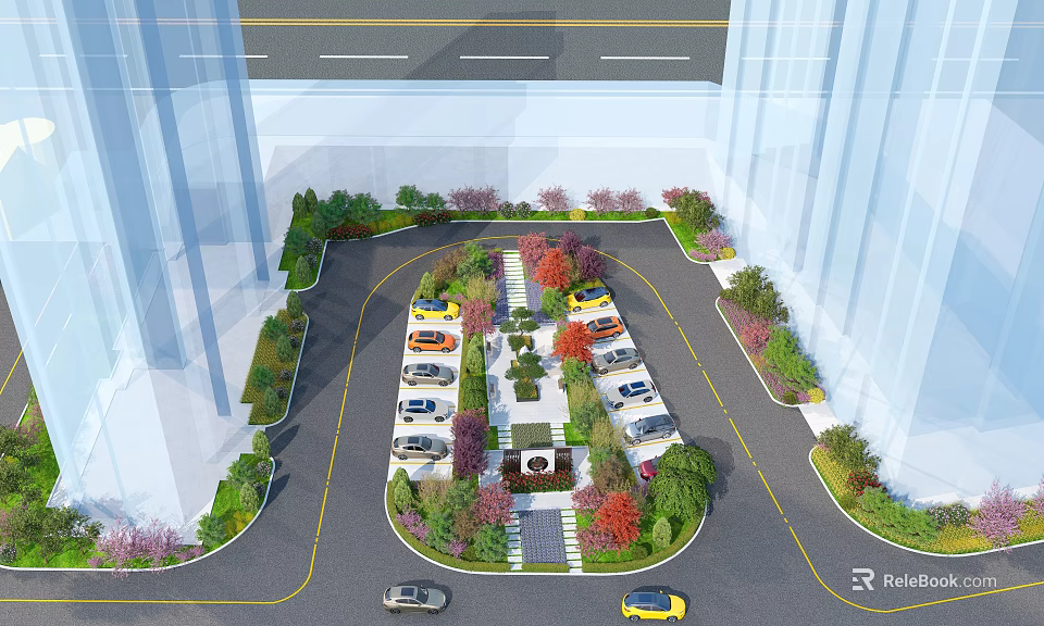 Garden Landscape Between High Rise Buildings With Parking Area Colorful Trees And Greenery 3d model 